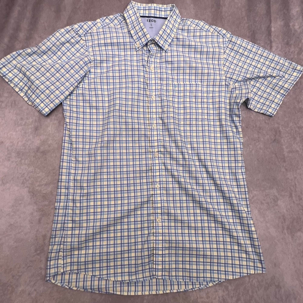 IZOD Button Down Shirt Mens L Blue Yellow Plaid Excellent Short Sleeve Pocket
